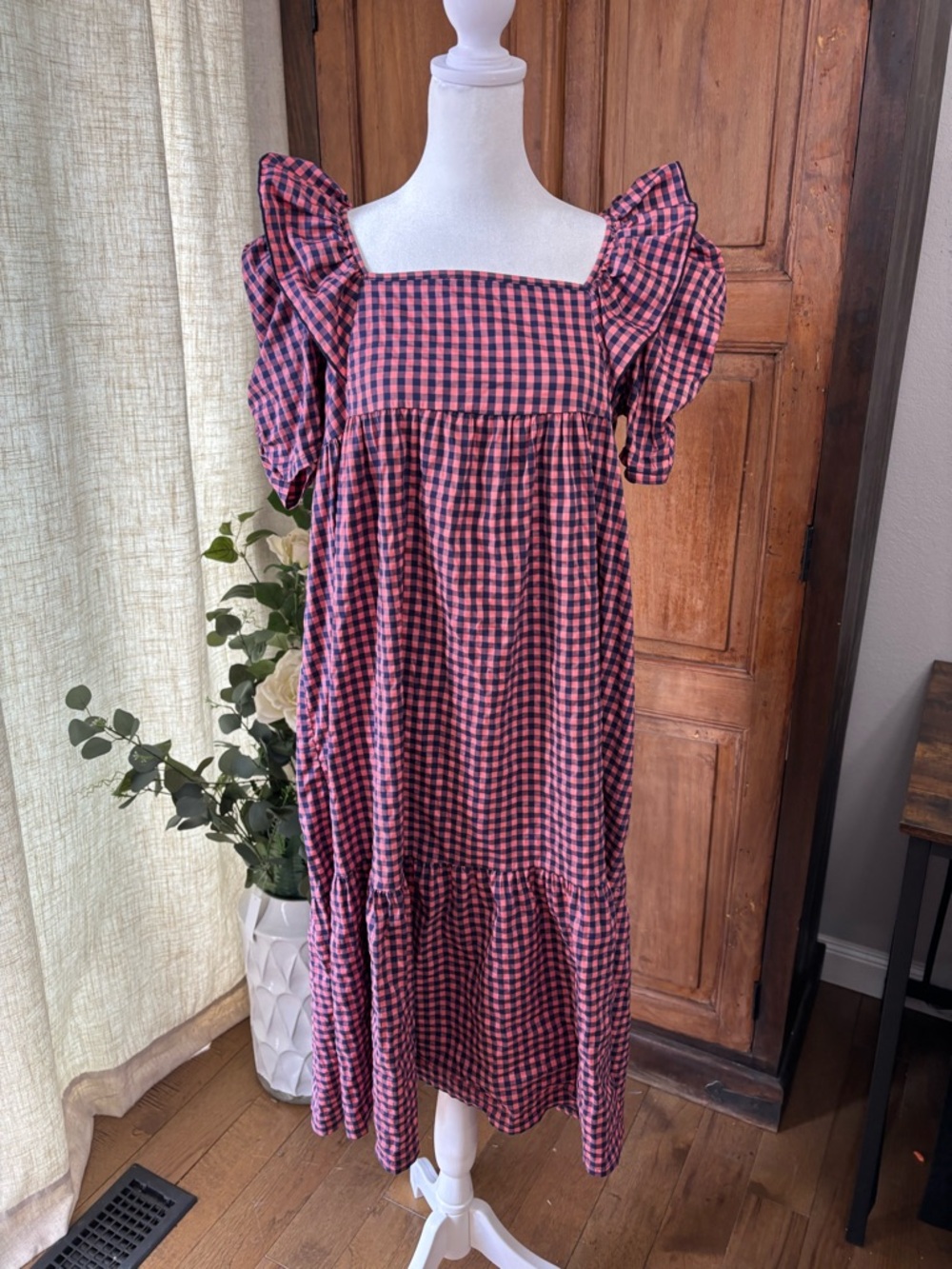 Gingham Puff-Sleeve Square Neck Midi Dress - Pink & Navy
